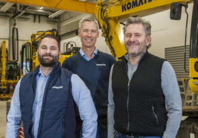 Anthony Eriksson, Kjell Forsén och Patrick Andersson säljer Komatsu och Bomag i Stockholm och Mälardalen.